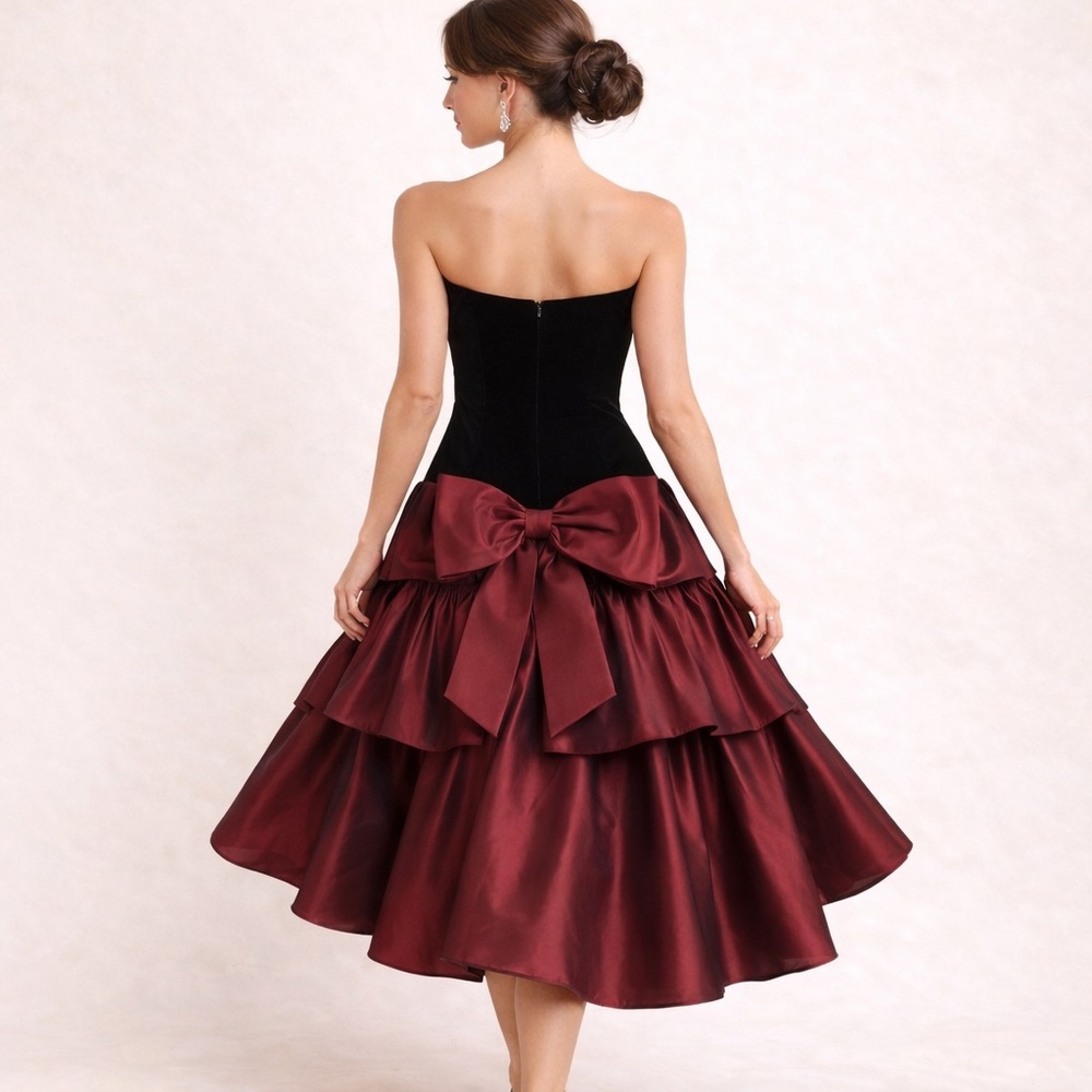 Vintage 80s Gown Strapless dress Black Velvet Velour Dark red iridescent skirt S